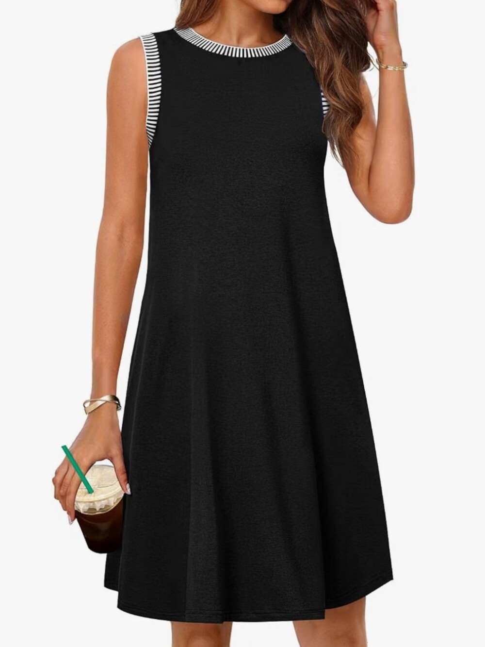 Sleeveless Black A-Line Dress with Striped Trim